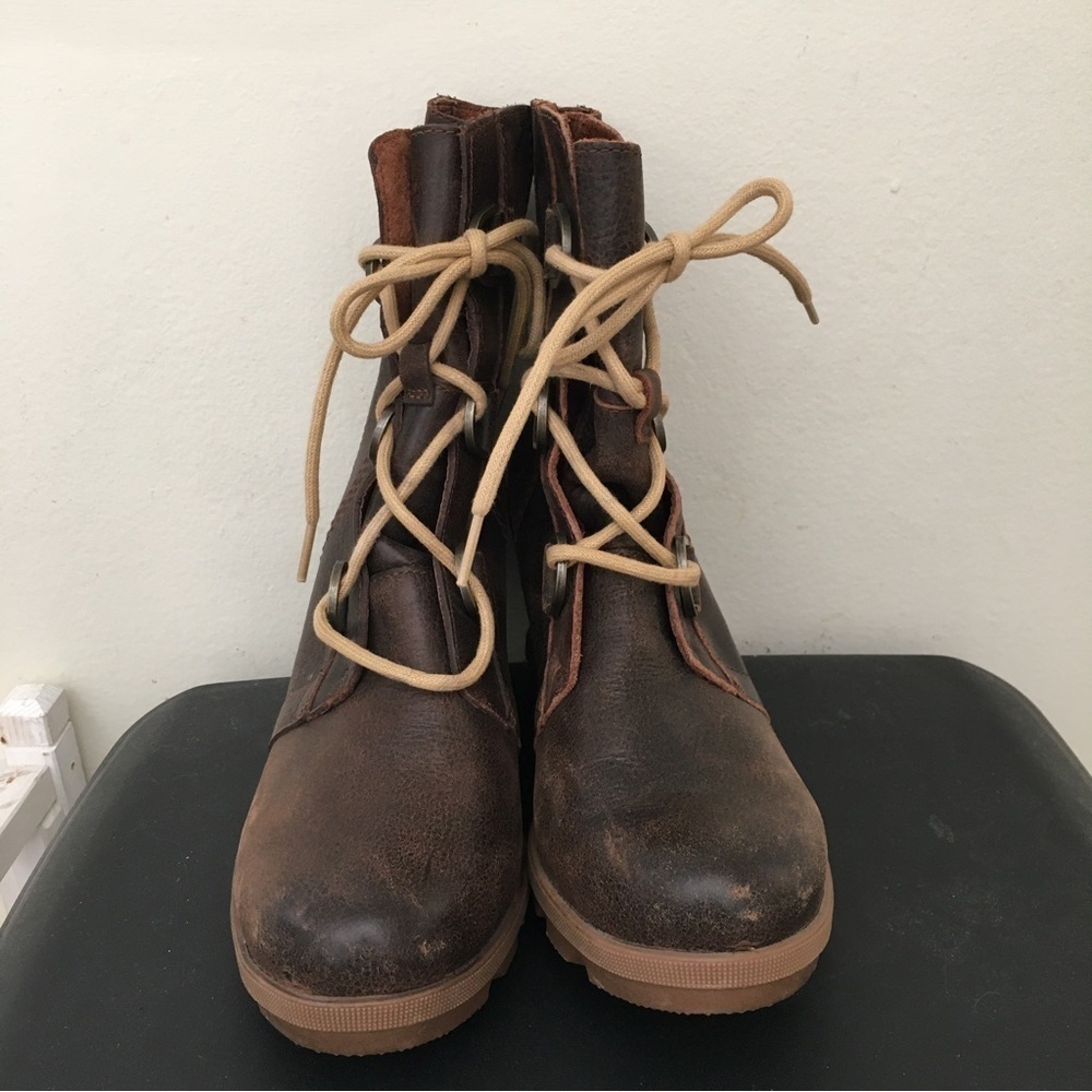 Sorel Joan of Arctic Burro (Brown) Leather Wedge Mid High Bootie Lace Up Boot - Picture 4 of 8